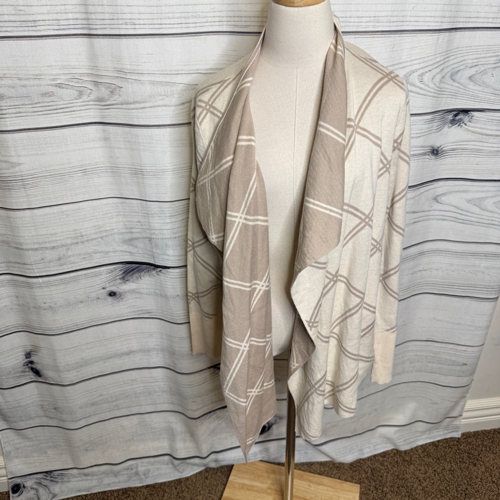 H by Halston Cream and Taupe Plaid Open-Front Cardigan